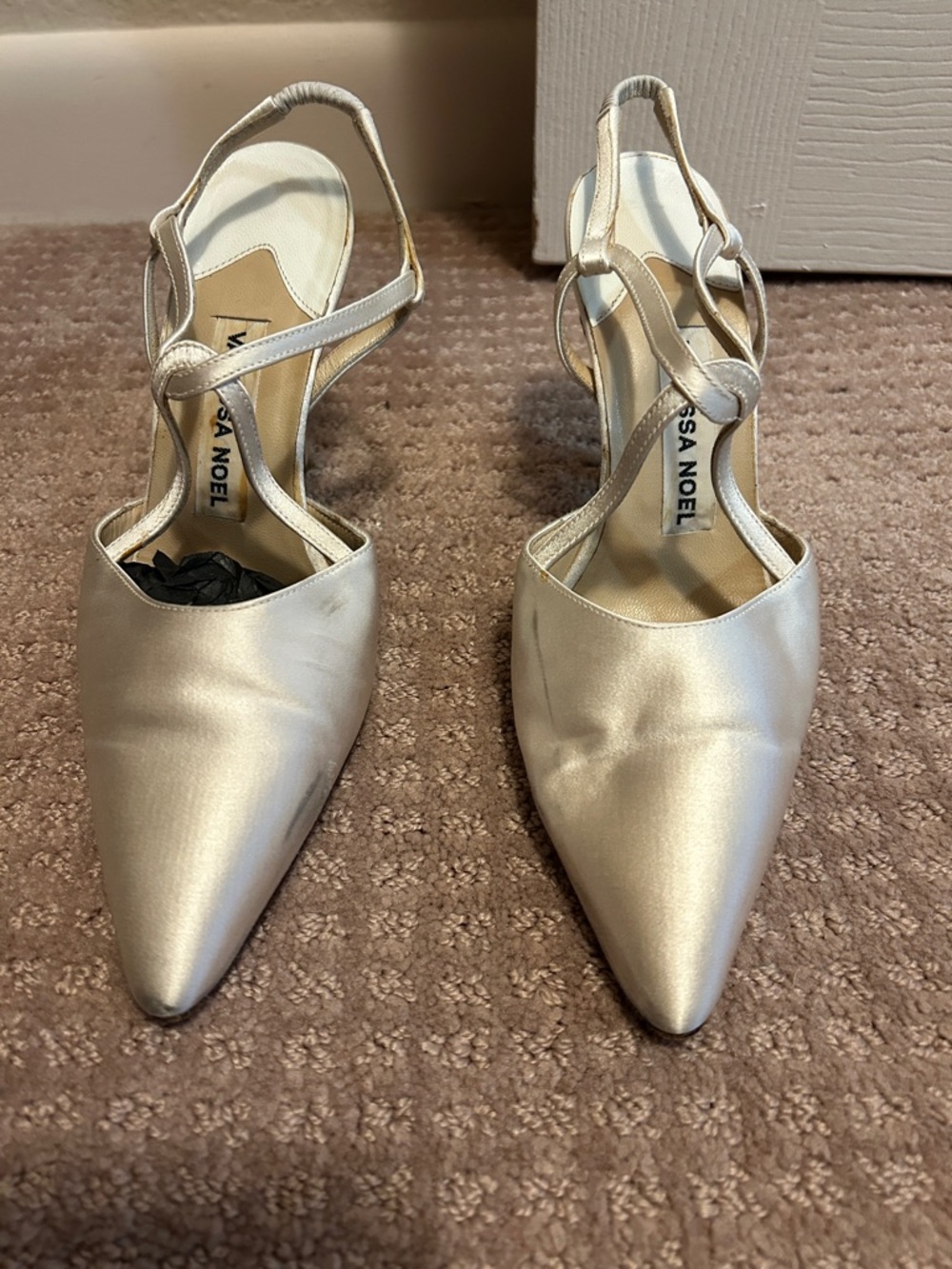 Ivory Satin Pointed-Toe Slingback Heels